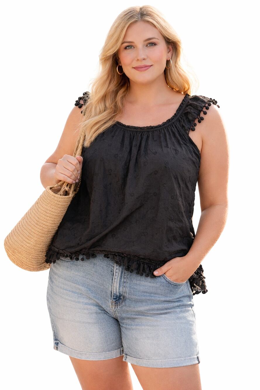 J.Crew Black Eyelet Blouse Plus 2X Boho Embroidered Sleeveless Top Pom Trim